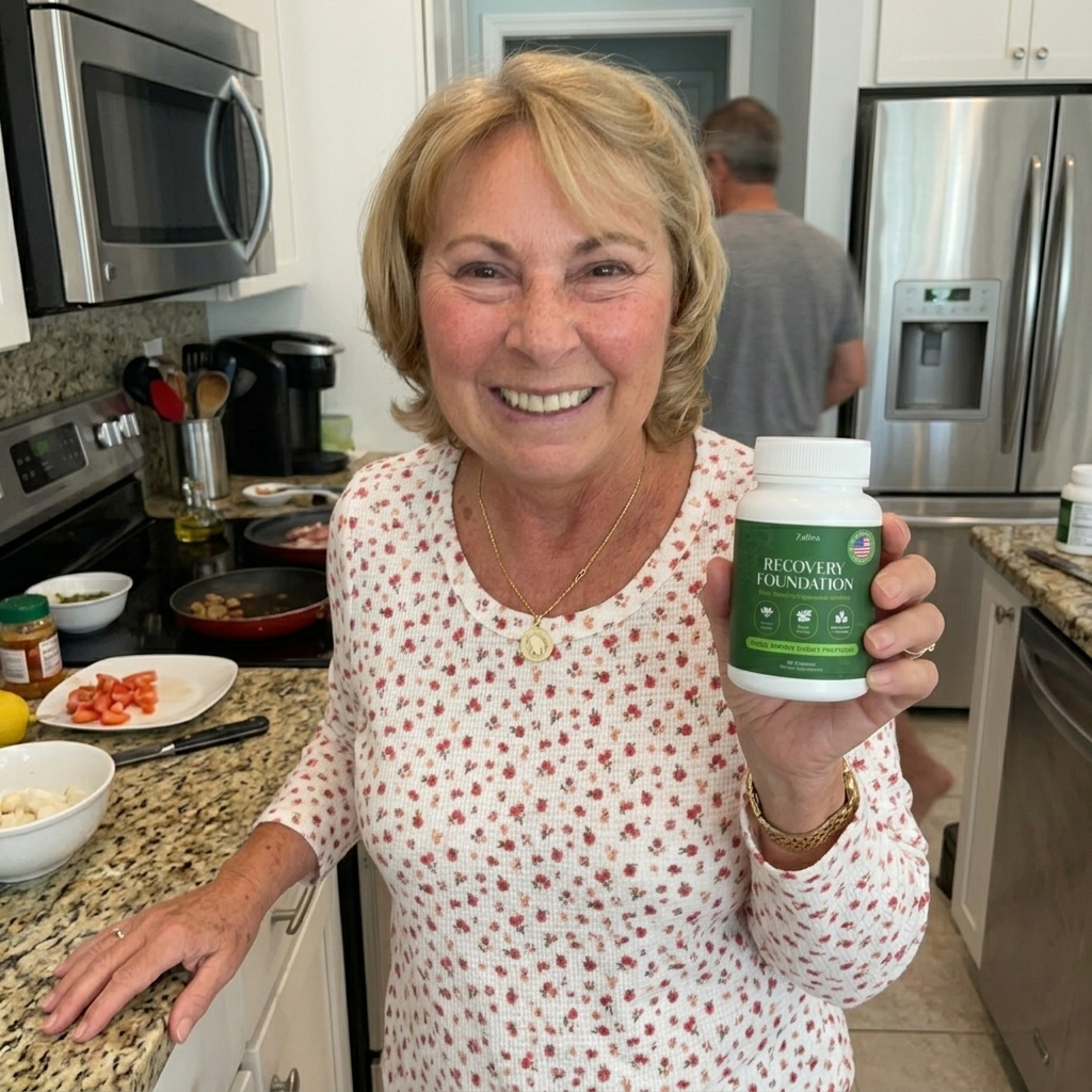Lory holding Zafira bottle in her kitchen